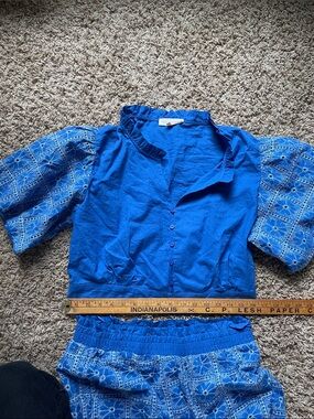 Solitaire Bright Blue 2 piece Button-Front Top with Embroidered Puff Sleeves